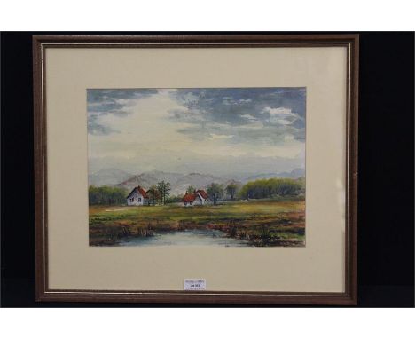 Watercolour entitled Red Roofed Cottages by Jan Wasilewski, 34.5 cm x 25 cm, (After the German invasion of Poland in WW2 Mr W