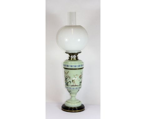 A 19th century hand enamelled opaline glass oil lamp, H 64cm