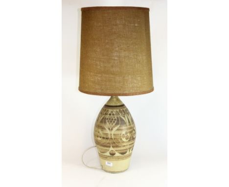 A 1970s signed studio pottery lamp base with original shade, H 84cm (overall)