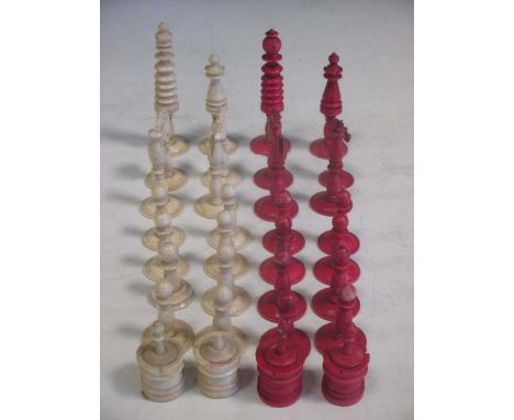 An Indian ivory sad red stained chess set (some damages)