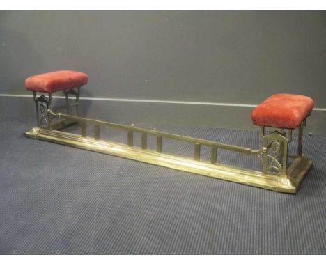 35 x 153 x 38cm together with a set of brass fire tools with ceramic handlesCondition report: some dents to brass work