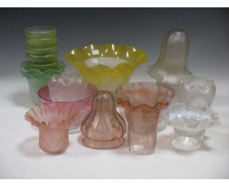 A large collection of Victorian, Edwardian and later glass lamp shades (qty)