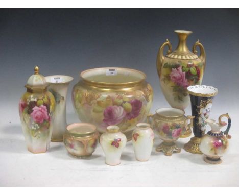 A collection of Royal Worcester and similar floral painted ceramics, some decorated with pink roses signed 'Austin' (large va