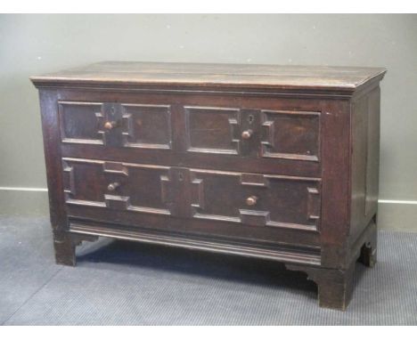 of two short and one long drawers with moulded fronts, with turned wooden handles, on bracket feet 81 x 131 x 56cmCondition r