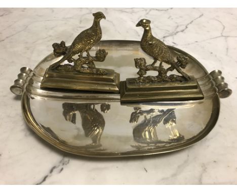 A pair of decanters with stoppers, pair of pheasant mantelpiece ornaments, and an EPNS tray