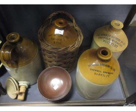 Two Barnsley Brewery Co Ltd part glazed stoneware flagons together with two other flagons, a Govancroft tea service and other