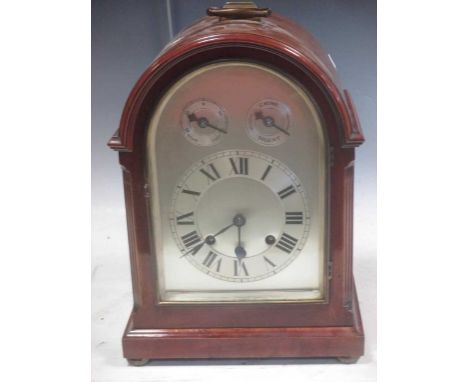 A dome top mahogany chiming table clock with silvered dial, c.1920s-30s