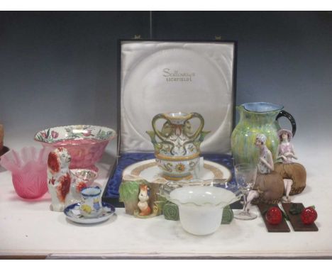 A collection of pottery and decorative ceramics to include a tin glaze vase with Cantagalli mark, pin cushion dolls, etc