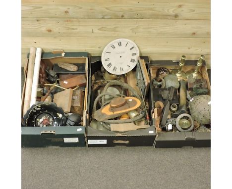 Three boxes of mainly 19th century items, to include a 19th century wig pull, barometer and metalwares
