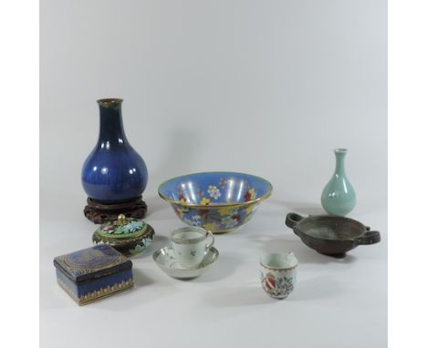 A collection of items to include a blue and white porcelain meat dish, Japanese cloisonne, a Chinese bronze censer and a cela