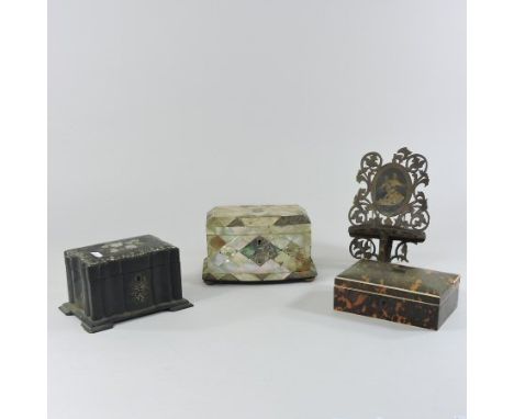 A 19th century mother of pearl tea caddy, 20cm, together with a 19th century tortoiseshell box, a Sorrento inlaid shelf and o