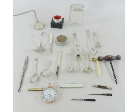 A collection of items, to include a silver pocket watch, silver and plated cutlery, and a silver napkin ring 