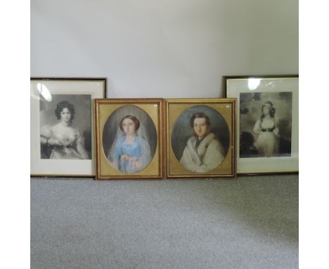 A pair of 19th century portraits, a young couple, pastel, unsigned, in oval mounts, 59 x 48cm each, together with a pair of 1