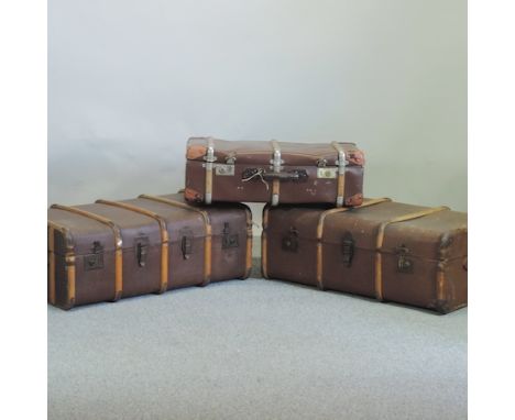 A vintage wooden bound travel trunk, 92cm, together with two smaller