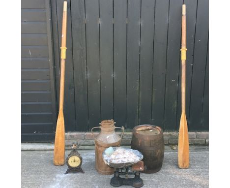 A pair of oars, together with a butter churn, a barrel and a set of scales