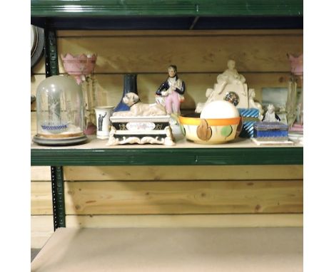 A shelf of china and glassware, to include a pair of 19th century table lustres, Pratt ware pot lids and a Staffordshire figu