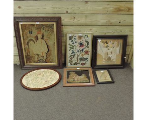 A 19th century needlework tapestry, 58 x 44cm, together with five others