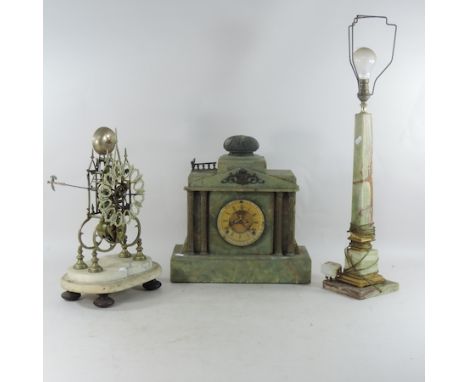 A 19th century brass skeleton clock, of architectural form, lacking dome, together with a 19th century French onyx mantel clo