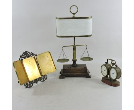 A set of late 19th century brass mounted scales, with light and shade, 53cm tall overall, together with a desk clock/baromete