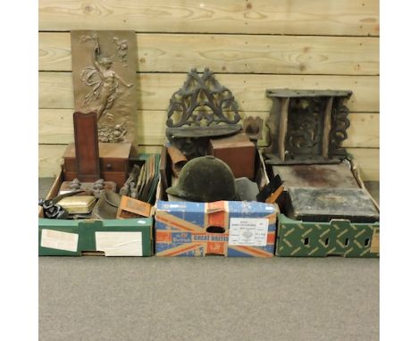 Three boxes of items, to include a 19th century mahogany charger stand, boxes and a miniature longcase clock case