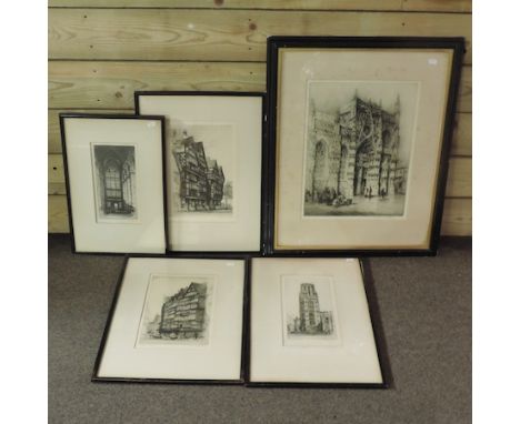 A collection of etchings and prints, to include Edward Sharland, largest 45 x 34cm (5)