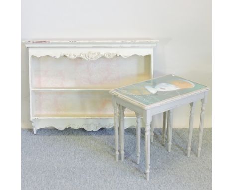 A painted wall shelf, 92cm, together with a nest of three occasional tables