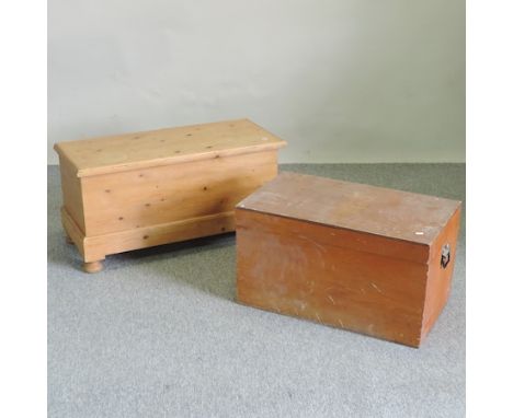 A pine blanket box, 96cm, together with a tool chest and tools