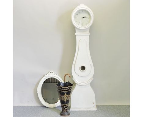 A modern white painted longcase clock, 190cm, together with a metal painted umbrella stand