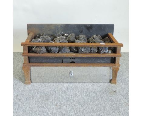 A cast iron and steel fire basket, 55cm, together with a pine and marble fire surround, 166cm