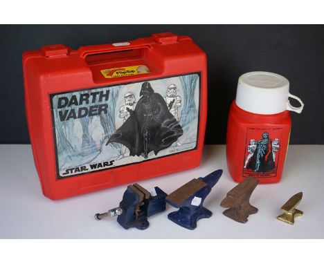 A vintage Star War Darth Vader lunchbox and thermos flask together with two miniature anvils 