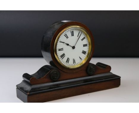 Early 20th century Mahogany Cased Mantle Clock with white enamel face and key, 17cms high 