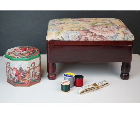A sewing box complete with contents together with a tin of vintage buttons. 