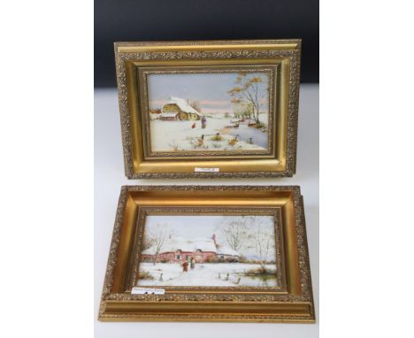 R Simm, Winter Landscape, Oil on canvas, pair, approx 11cm x 16cm. 