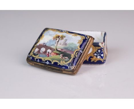 A 19th century Bilston enamel patch box with floral panels to the sides and fishing scene to the top. 