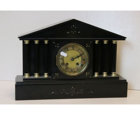 An antique slate mantel clock of classical form with two train movement. 