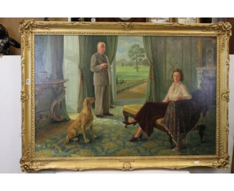 R W BarnettPortrait of Sir Gerald Fuller and Lady Fuller in the drawing room at Neston ParkOil on canvasSigned90 x 136cm 