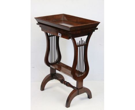 Mahogany Tricoteuse / Work Table with tray top, drawer, lyre end supports united by a  lower shelf, turned stretcher and four