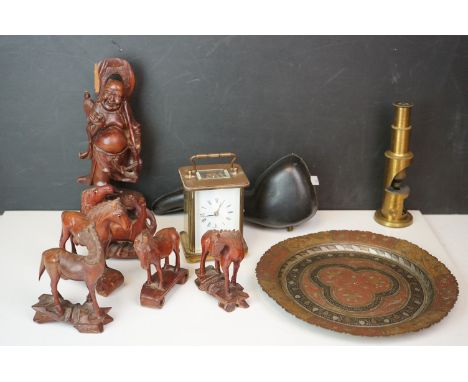 A box of mixed collectables to include a Meerschaum pipe, a Matthew Norman carriage clock and a brass microscope. 