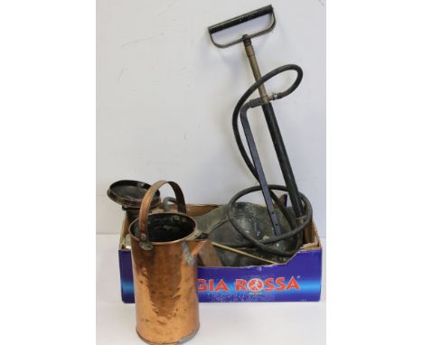 A box of mixed collectables to include a large copper jug, fire guard and a set of scales. 
