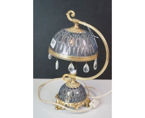 Mid 20th C glass lamp with shade, brass fittings, glass droplets 