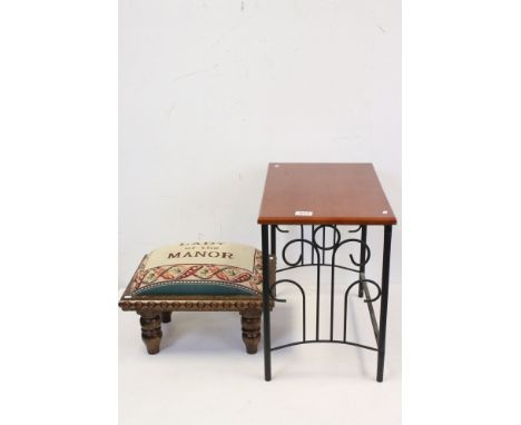 Tapestry Upholstered Footstool ' Lady of the Manor ' together with a Side Table with Wrought Iron Base, 43cms high x 49cms wi