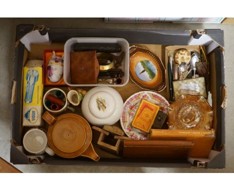 A box of mixed collectables to include mixed ceramics, harmonica and carnival glass. 