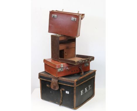Luggage: 19th century Hat Trunk (51cms wide x 34cms high) together with a Leather Case (fitted), a Doctor's / Midwife's Fitte