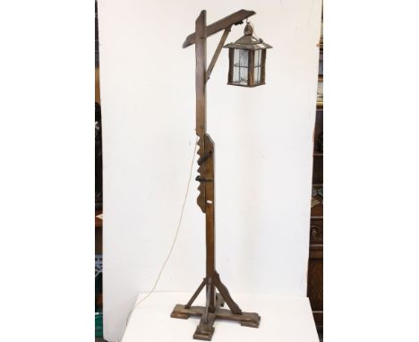 Rustic Wooden Hangman's Standard Lamp with leaded glazed lantern on adjustable ratchet support 
