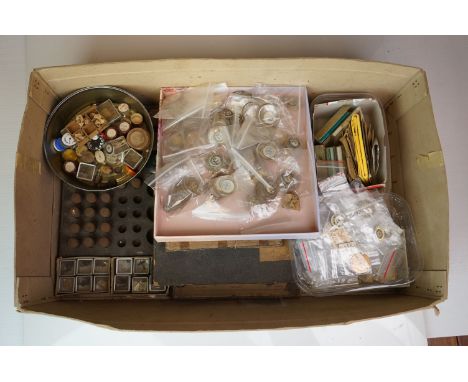 A box of vintage watch and clock parts to include watch faces, hands and face glass's. 