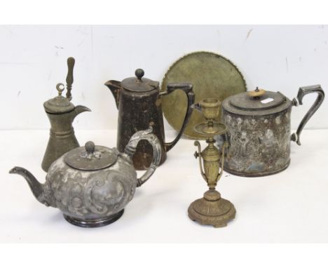 A collection of vintage metal ware to include a Mappin &amp; Webb silver plated coffee pot and a selection of brass ware. 