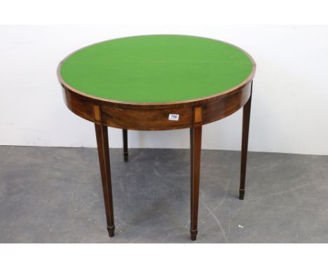 Regency Mahogany and Crosswood Boxwood and Tulipwood Inlaid ' D ' Shaped Fold-over Card Table, raised on square tapering legs