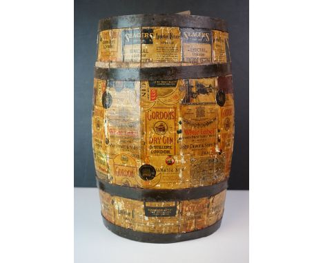 Vintage wooden barrel with decoupage advertising, painted 'Strictly For Medicinal Purposes' to lid 