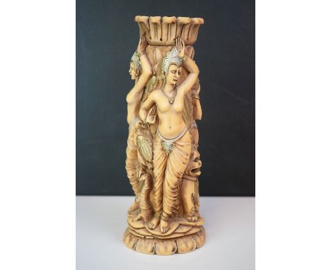 Resin candlestick decorated with topless Geisha Girls and Dogs of Foo, 10" in height 