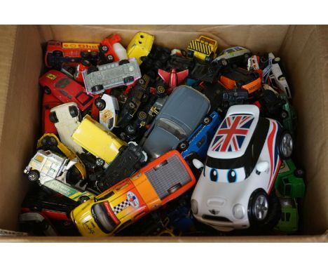 A box of loose playworn diecast cars to include corgi and matchbox. 